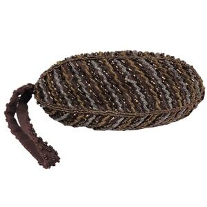 Vintage Walborg Beaded Evening Bag Satin Brown Bronze Wristlet Pouch Oval